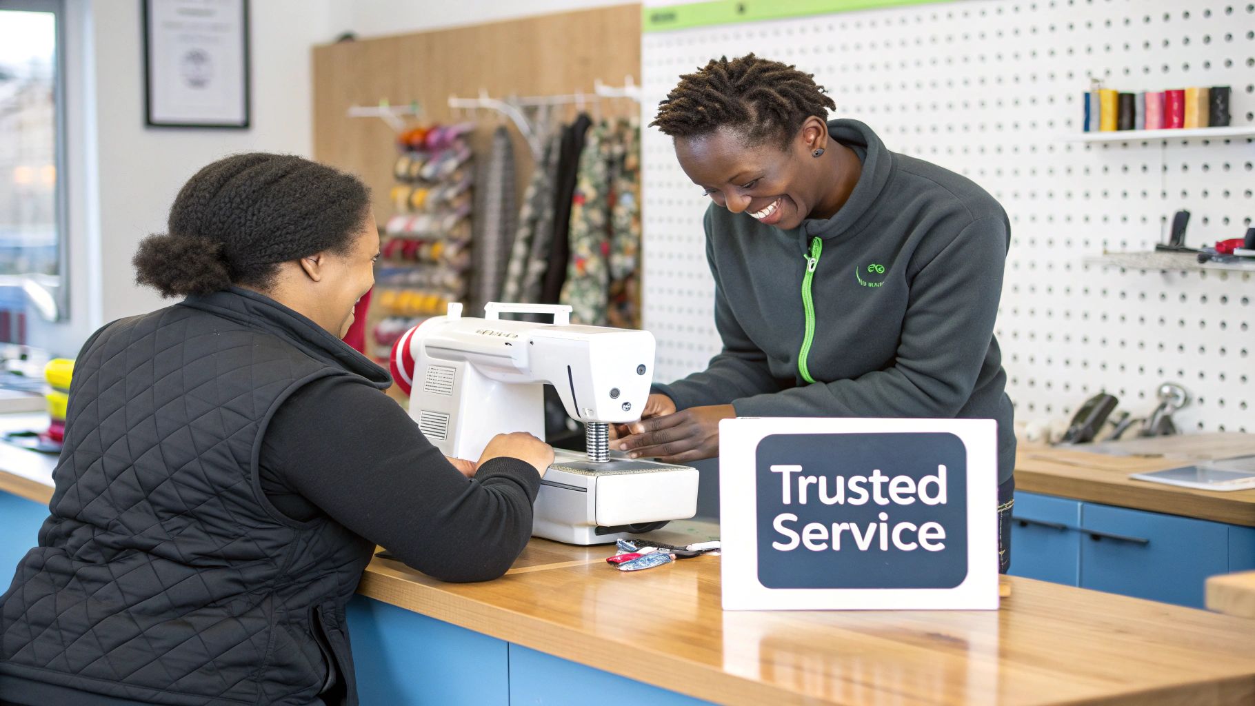 Two women smiling and working on a sewing machine at a service counter with a 'Trusted Service' sign.