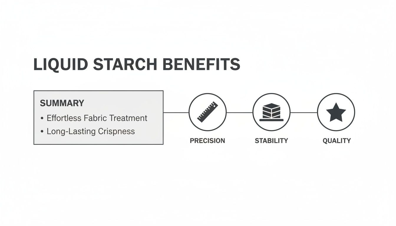 Diagram illustrating the benefits of liquid starch, including effortless fabric treatment, crispness, precision, stability, and quality.