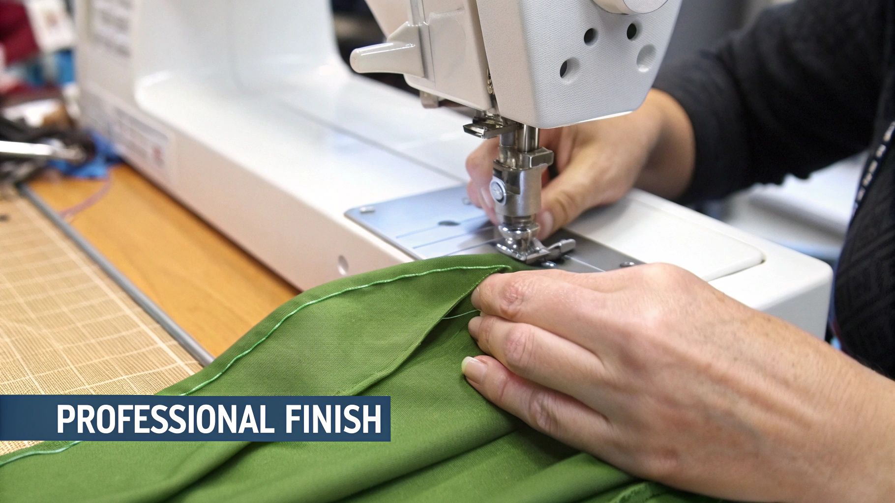 Close-up of hands guiding green fabric under the needle of a sewing machine, creating a professional stitch.
