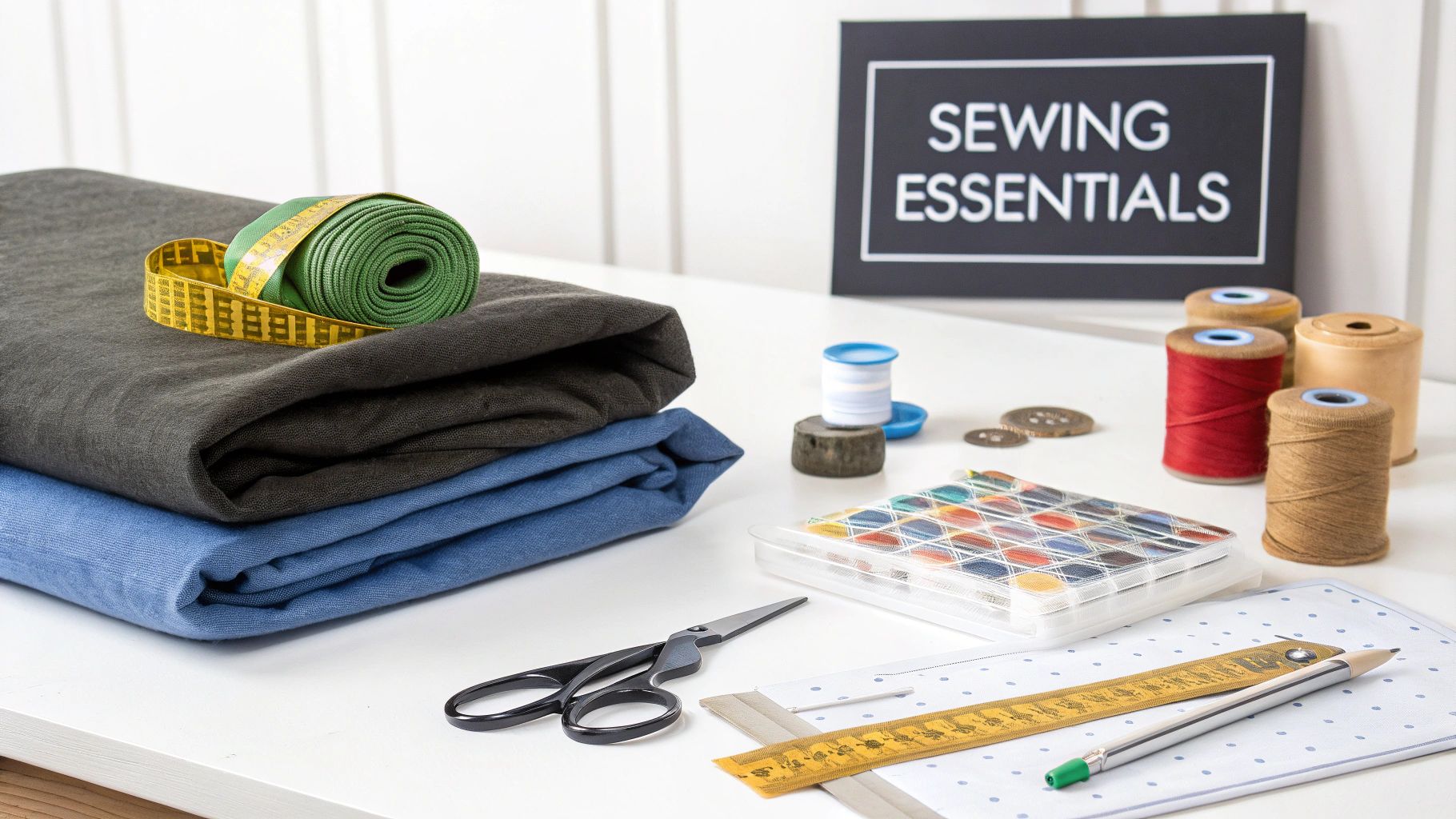A flat lay of sewing essentials including fabrics, spools of thread, scissors, a ruler, and a 'Sewing Essentials' sign.
