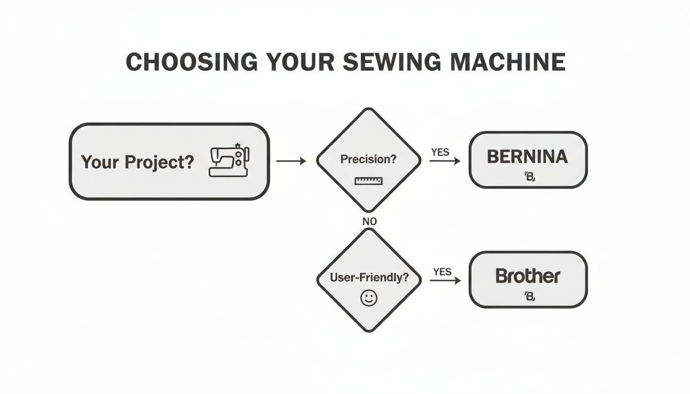 A flowchart assists in choosing a sewing machine based on project needs, precision, and user-friendliness, recommending Bernina or Brother.
