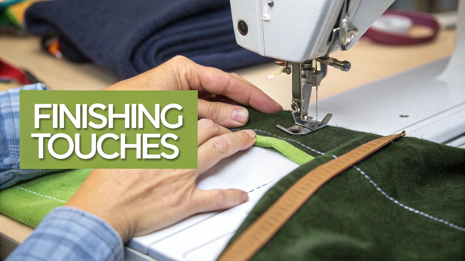 Close-up of hands sewing green fabric with light green trim on a sewing machine, creating a picnic blanket.