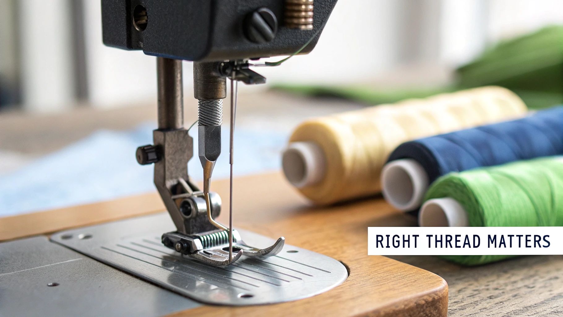 Close-up of a sewing machine needle, presser foot, and colorful spools of thread with the message 'RIGHT THREAD MATTERS'.