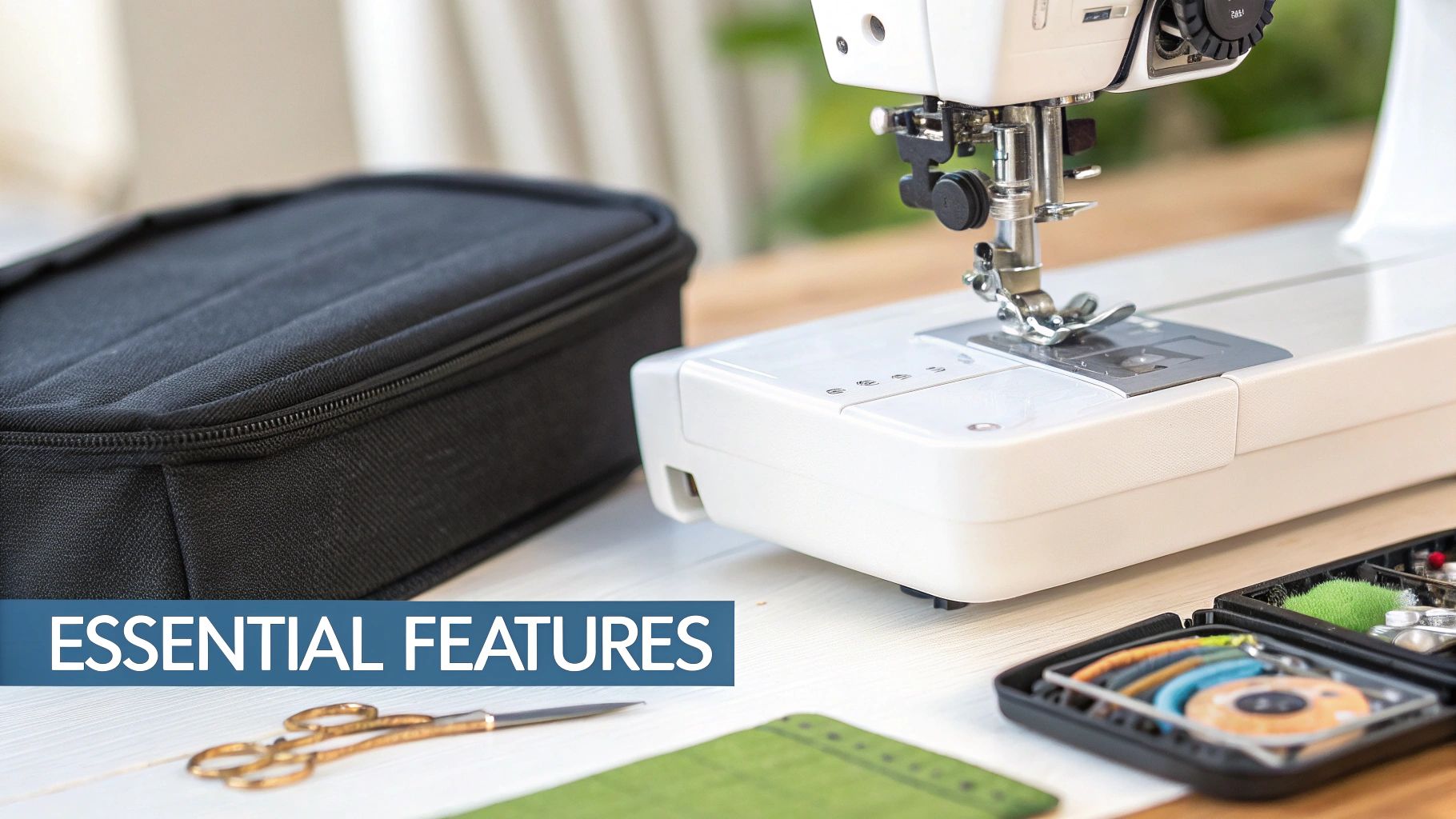 A white sewing machine on a table with a black bag and essential sewing tools, highlighting features.