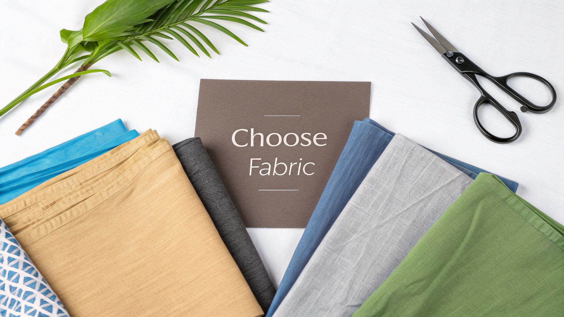 A flat lay of colorful fabric swatches, a 'Choose Fabric' card, scissors, and a green plant on white.