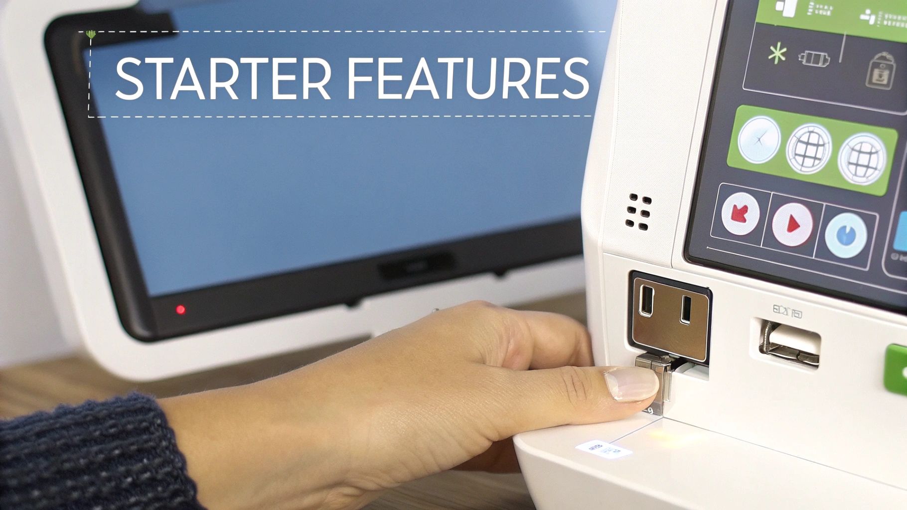 Person inserting a USB drive into a white embroidery machine with 'STARTER FEATURES' displayed on a screen.