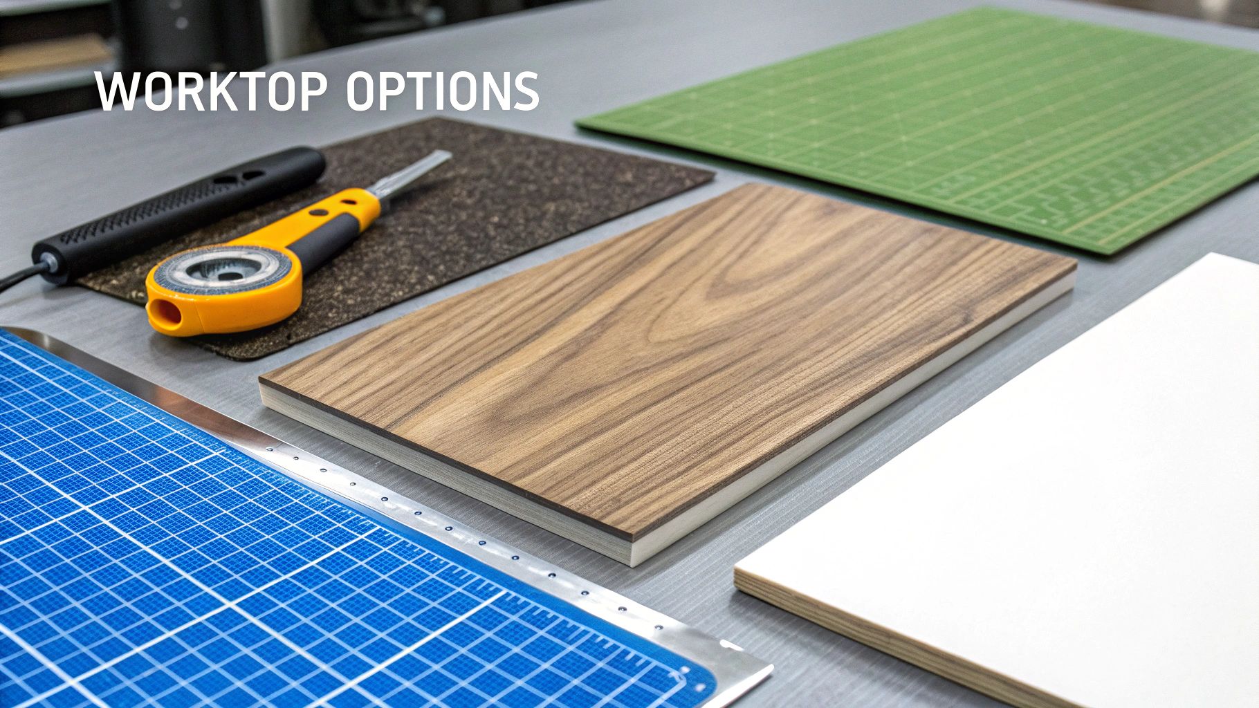 Various worktop options including wood, white laminate, cork, and cutting mats with tools.