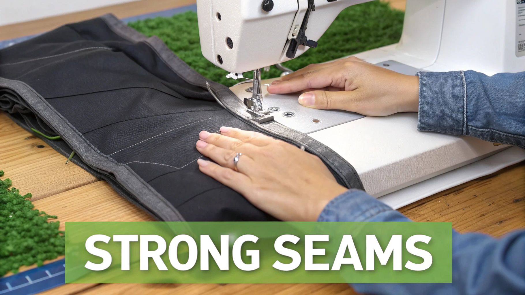 A close-up shows hands guiding dark fabric through a white sewing machine, highlighting strong seams.