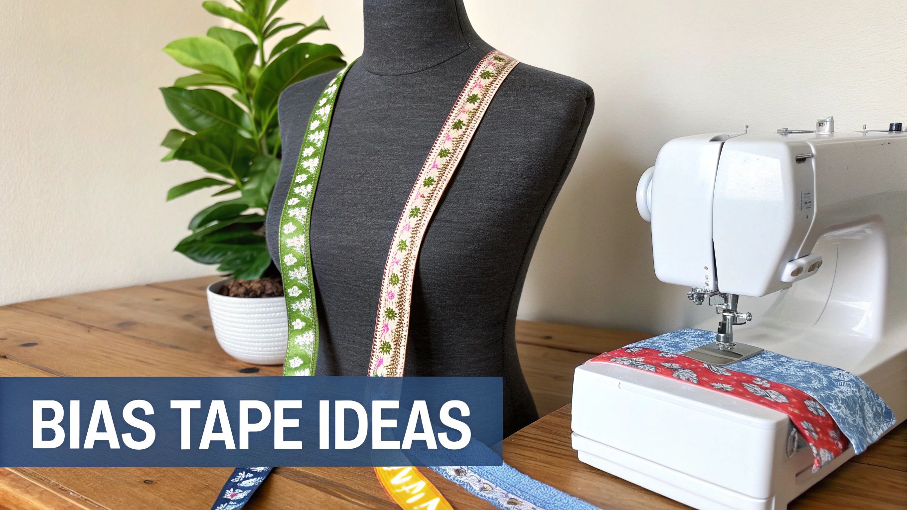 A crafting setup featuring a mannequin draped with decorative bias tapes and a white sewing machine.