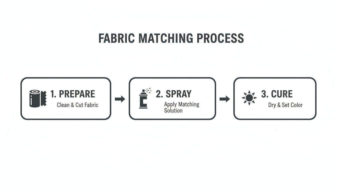 A three-step diagram showing the fabric matching process: 1. Prepare, 2. Spray, 3. Cure.