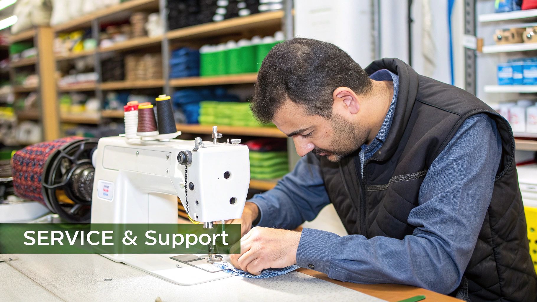 A man intently sewing blue fabric on a white industrial sewing machine with colorful thread spools.