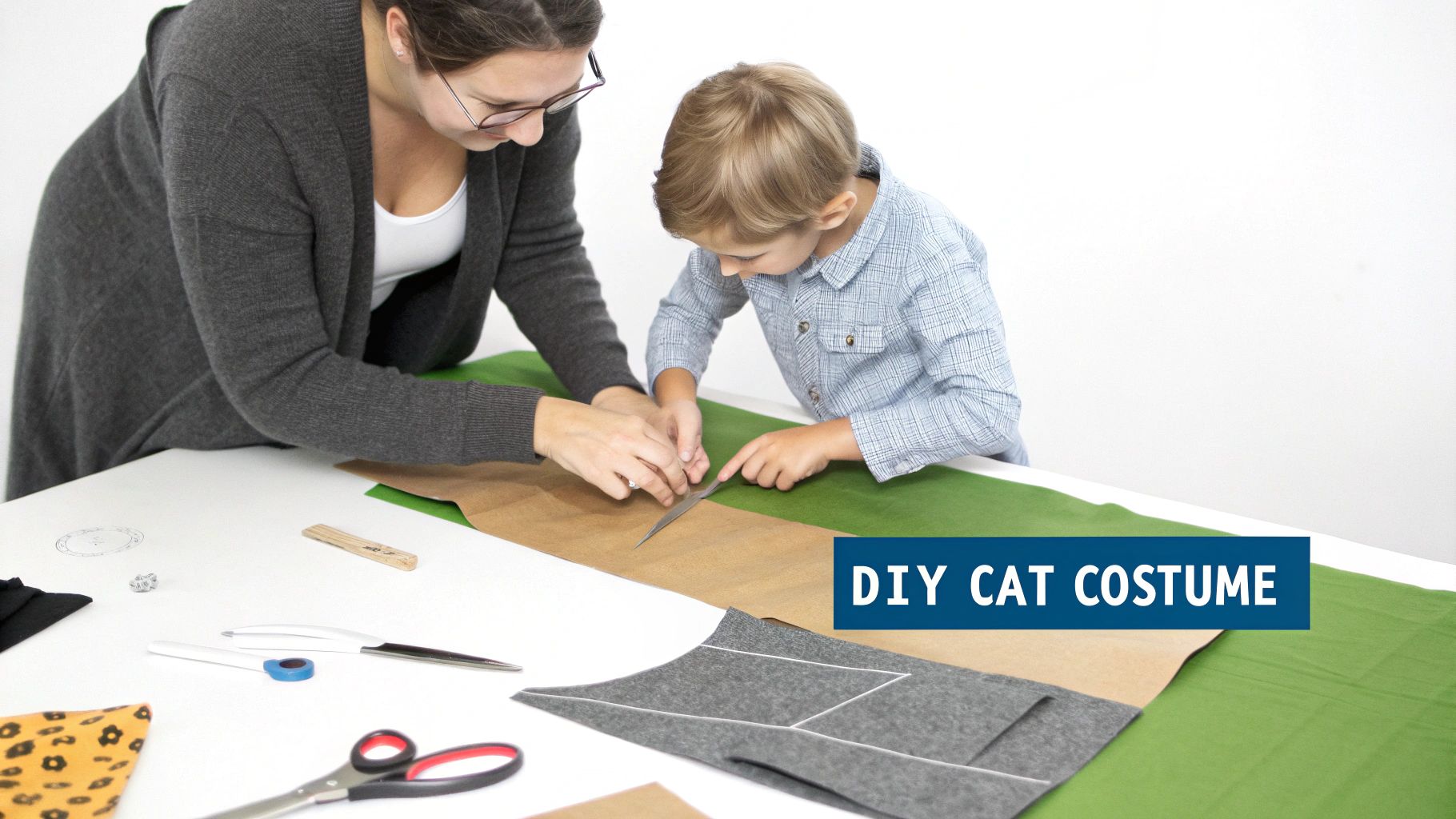 An adult and a child cut fabric for a DIY cat costume, engaging in a creative craft project.