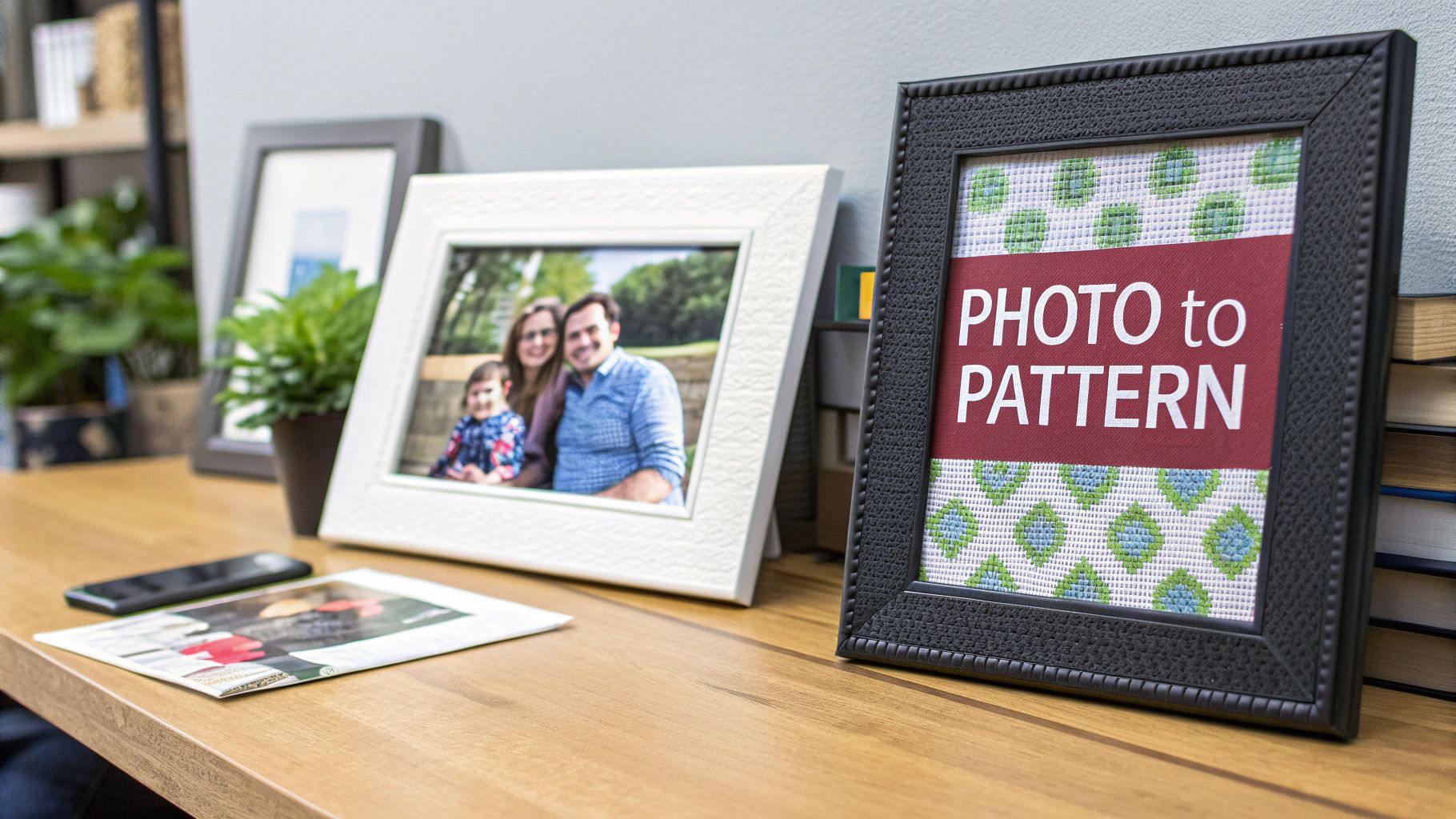 A wooden desk with framed photos and a smartphone, highlighting a 'PHOTO to PATTERN' cross-stitch frame.