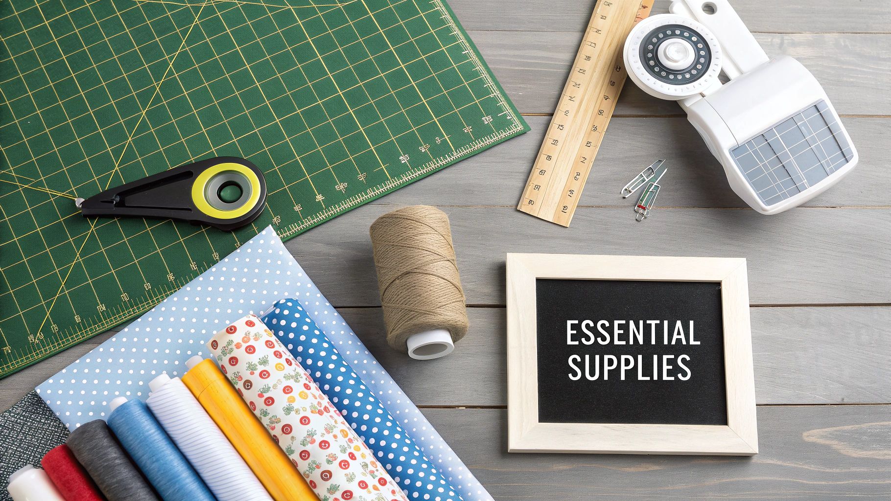 A flat lay of essential sewing and crafting supplies including fabric, ruler, and rotary cutter.