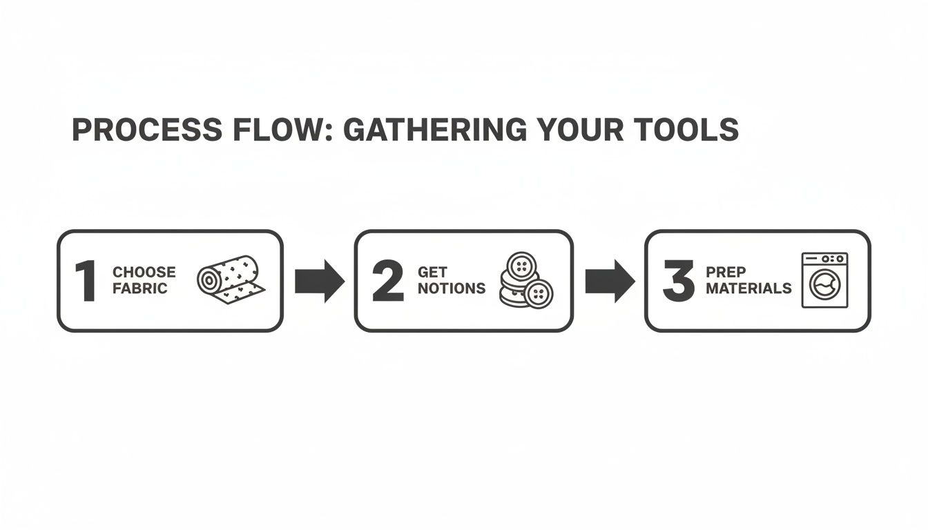 A sewing process flow diagram detailing steps for gathering tools: choose fabric, get notions, and prep materials.