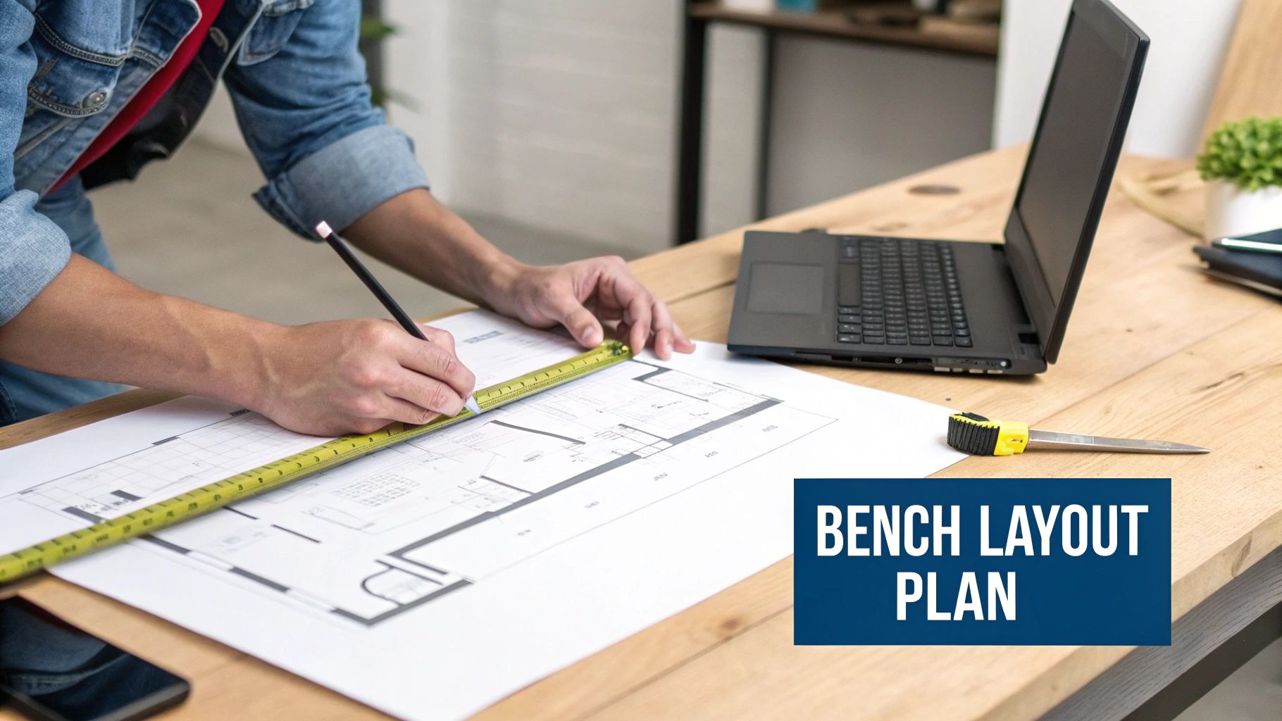Person's hands drawing on a bench layout plan with a pencil and measuring tape, on a wooden desk.