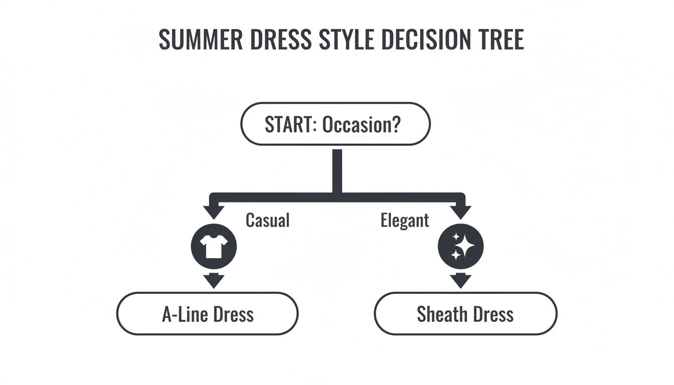 A decision tree for summer dress styles: Casual occasions lead to A-Line, Elegant to Sheath Dress.