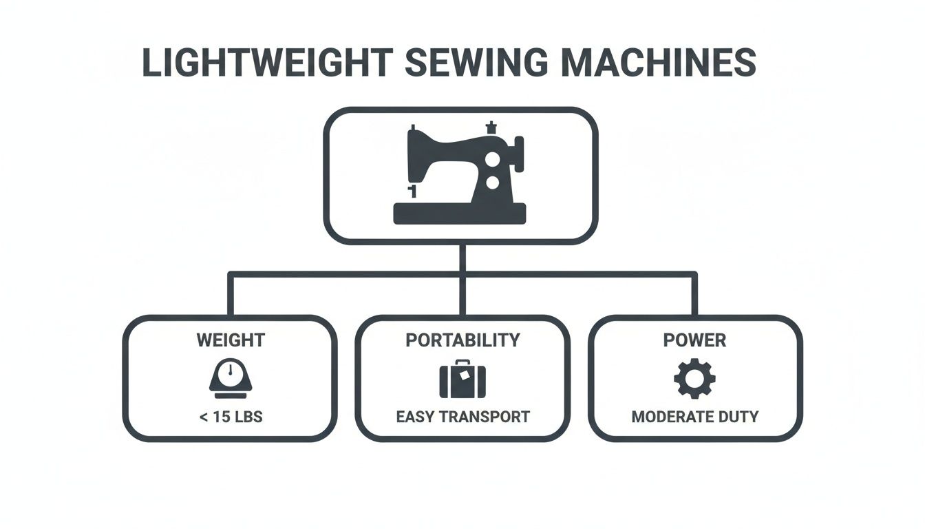 A diagram illustrating the key characteristics of lightweight sewing machines: under 15 lbs, easy transport, and moderate duty power.