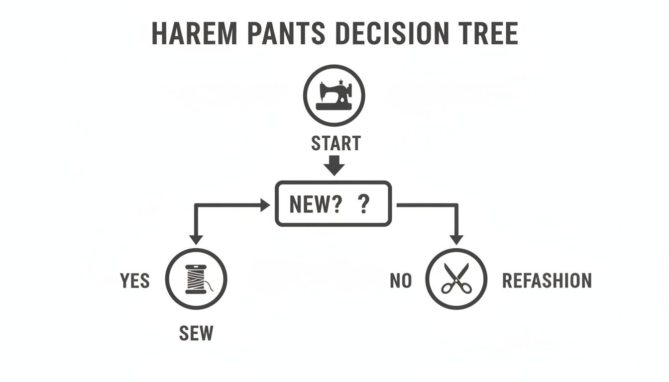 A decision tree flowchart showing steps for making harem pants, either sewing new or refashioning old.