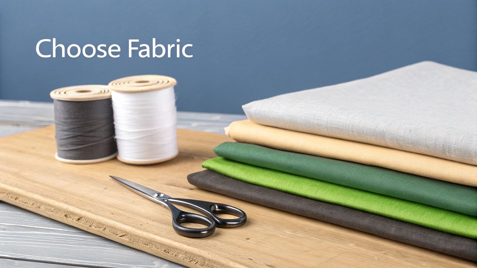 A collection of colorful fabrics, spools of thread, and scissors for sewing projects.