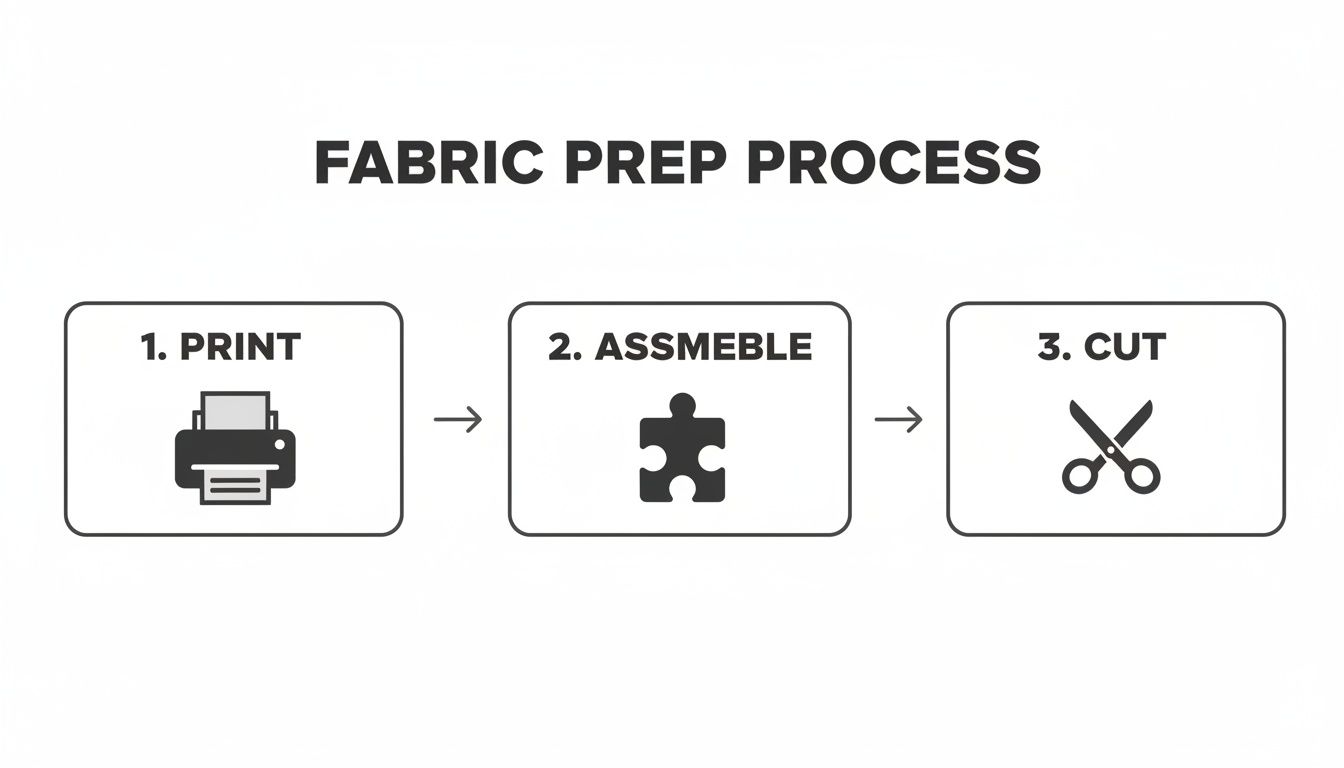 A three-step fabric preparation process diagram showing printing, assembling, and cutting stages.