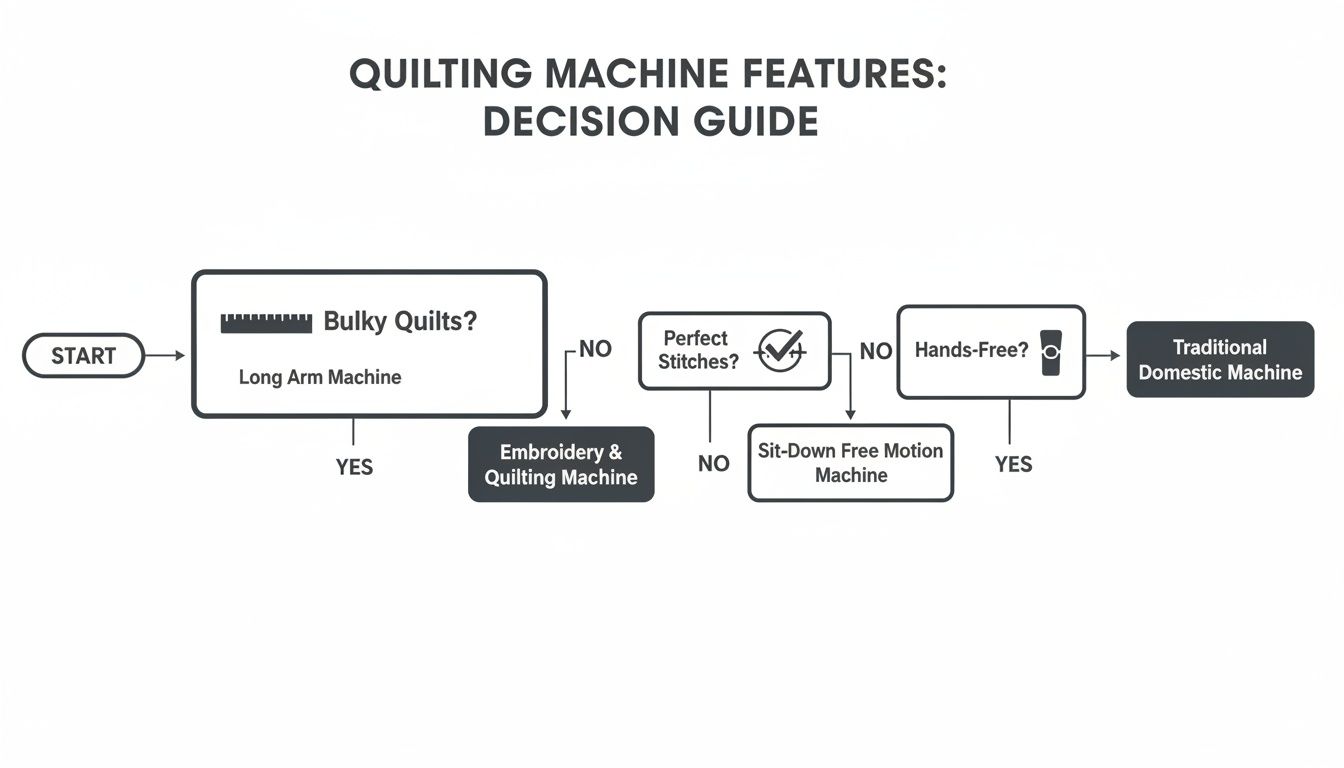 Flowchart guiding the selection of quilting machines based on bulk, stitch quality, and hands-free features.