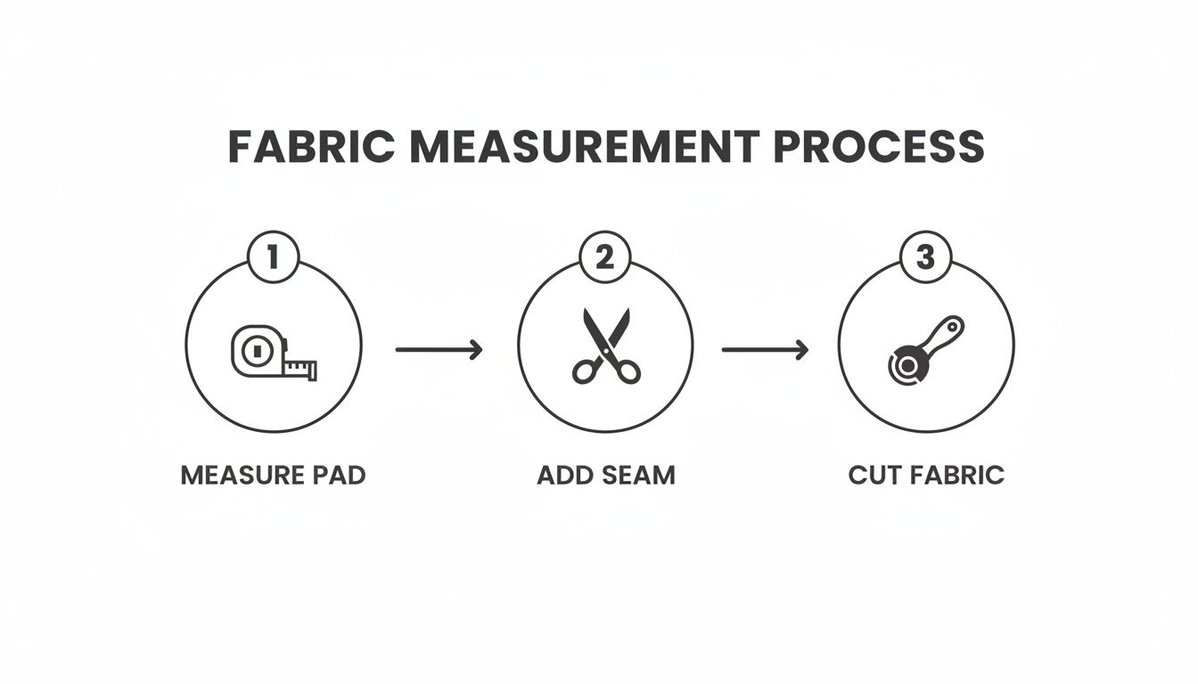 Infographic illustrating the fabric measurement process with three steps: measure, add seam, and cut fabric.