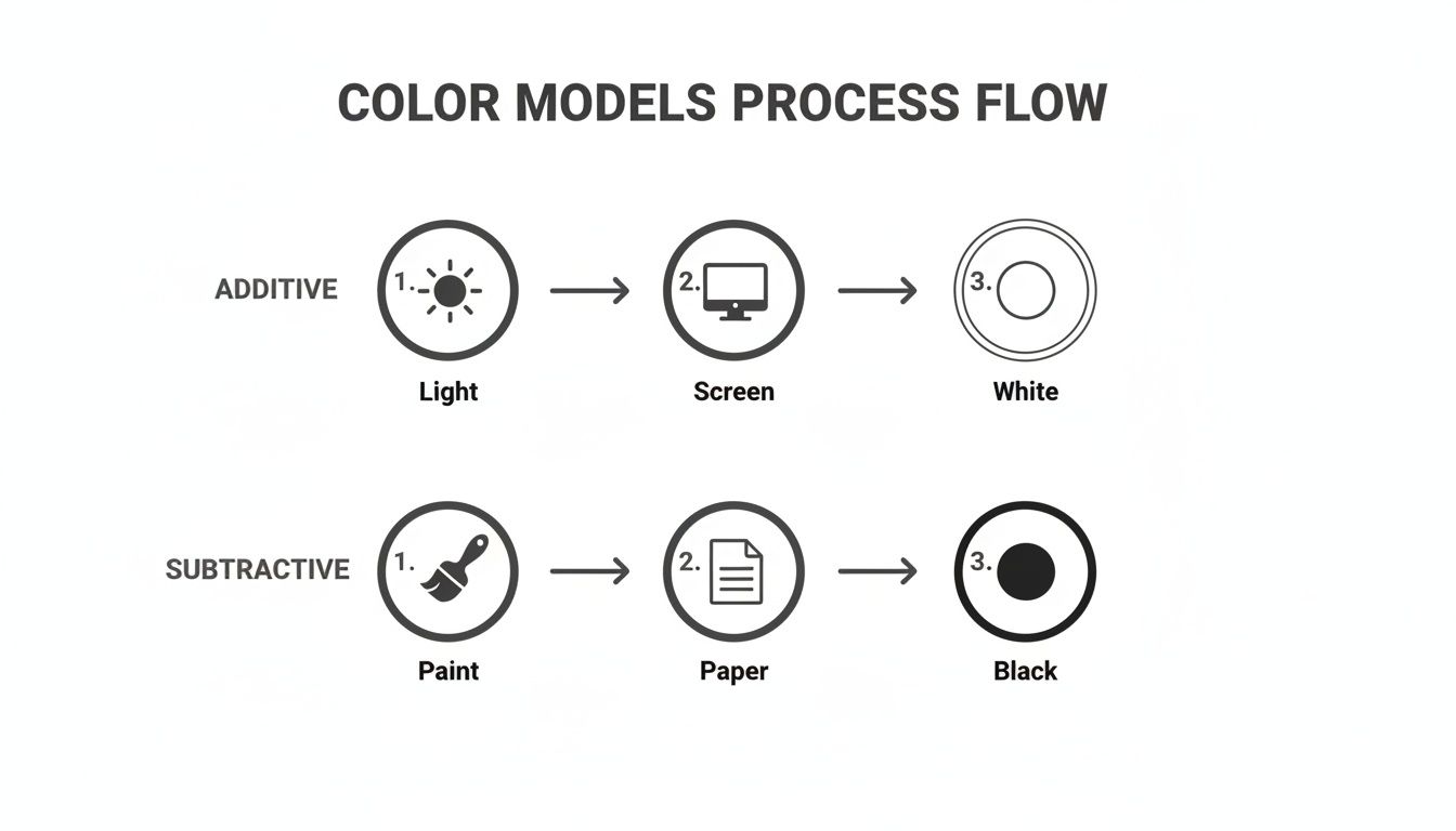 Diagram illustrating additive and subtractive color models process flow from light to white and paint to black.