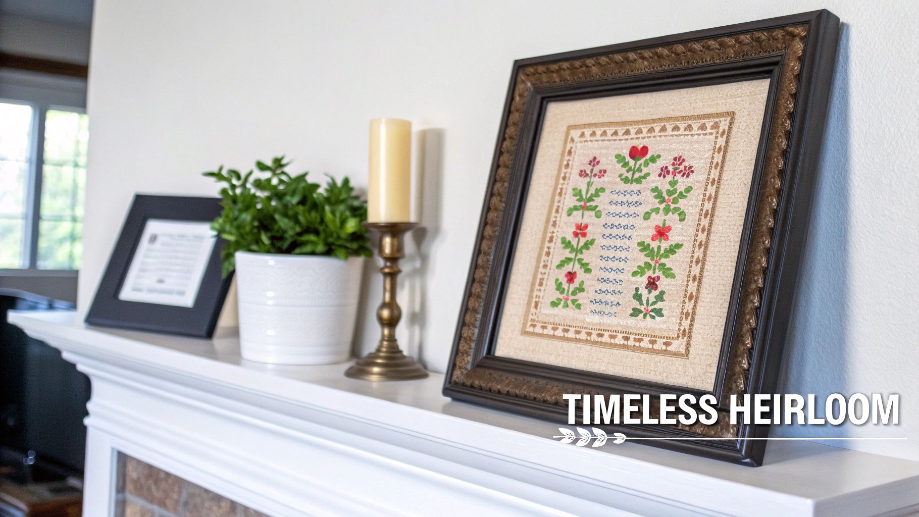 Beautiful cross-stitch artwork with floral patterns and hearts in a decorative frame on a mantel.