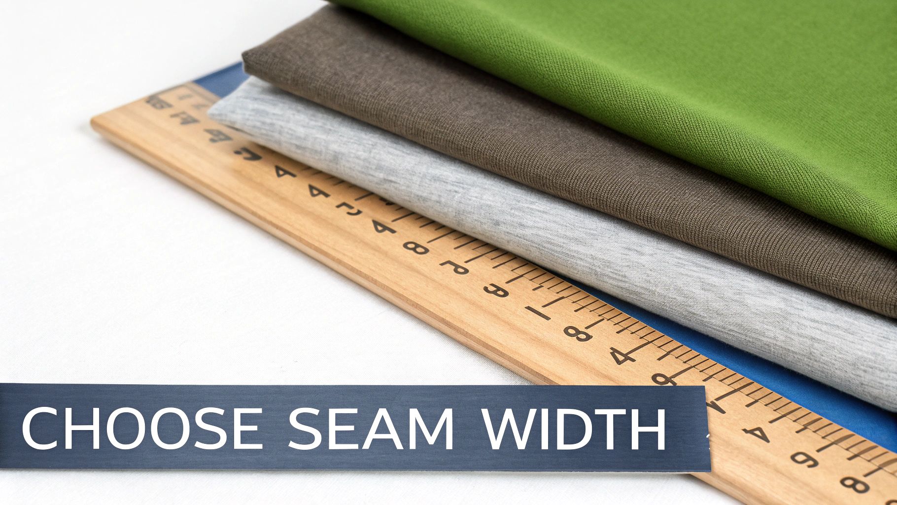 A wooden ruler lies next to folded fabrics in green, brown, and grey with a 'Choose Seam Width' banner.