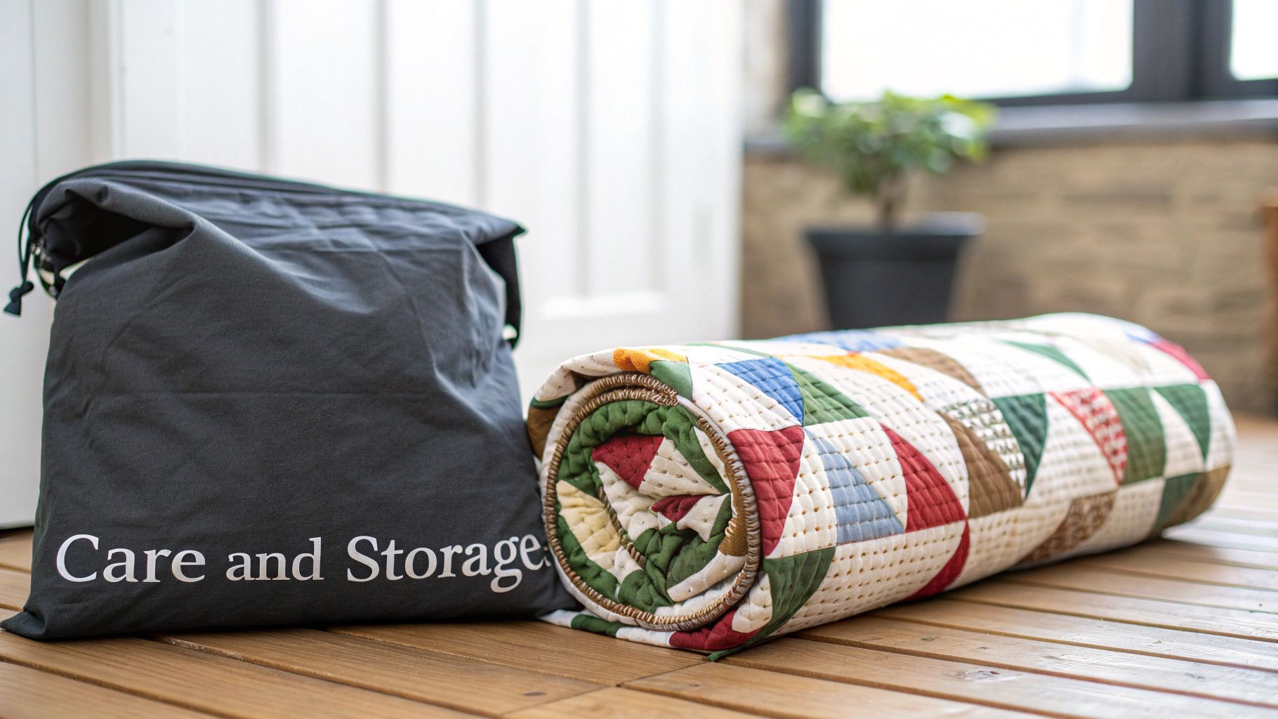 A grey 'Care and Storage' bag next to a rolled-up colorful patchwork quilt on a wooden floor.