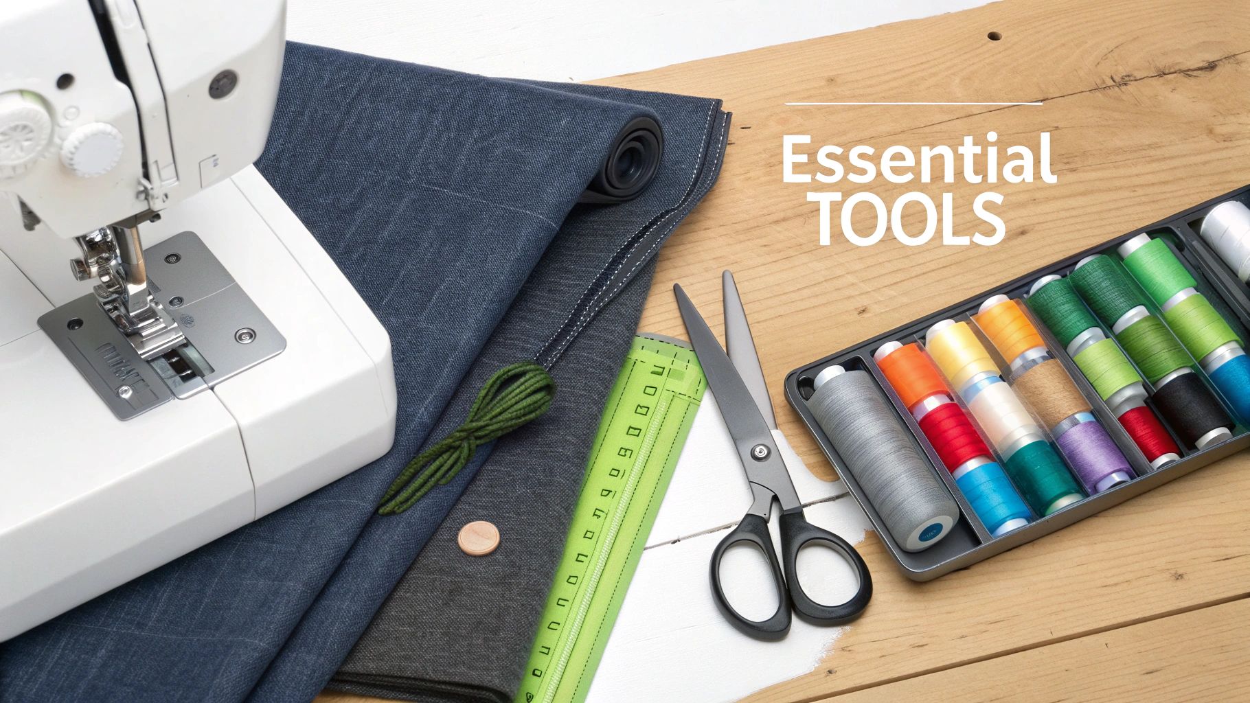 A flat lay of sewing essentials including a sewing machine, fabric, colorful threads, scissors, and a ruler on a wooden surface.