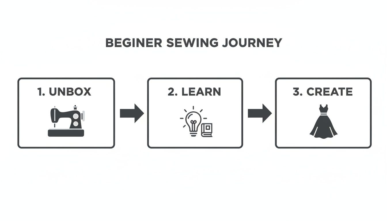Infographic illustrating a beginner sewing journey with steps: unbox, learn, and create a dress.