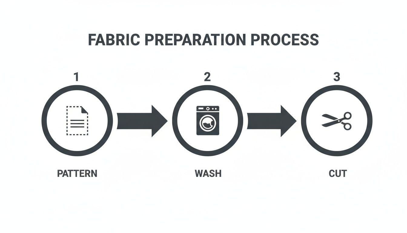 Infographic showing the fabric preparation process with three steps: pattern, wash, and cut, represented by icons.