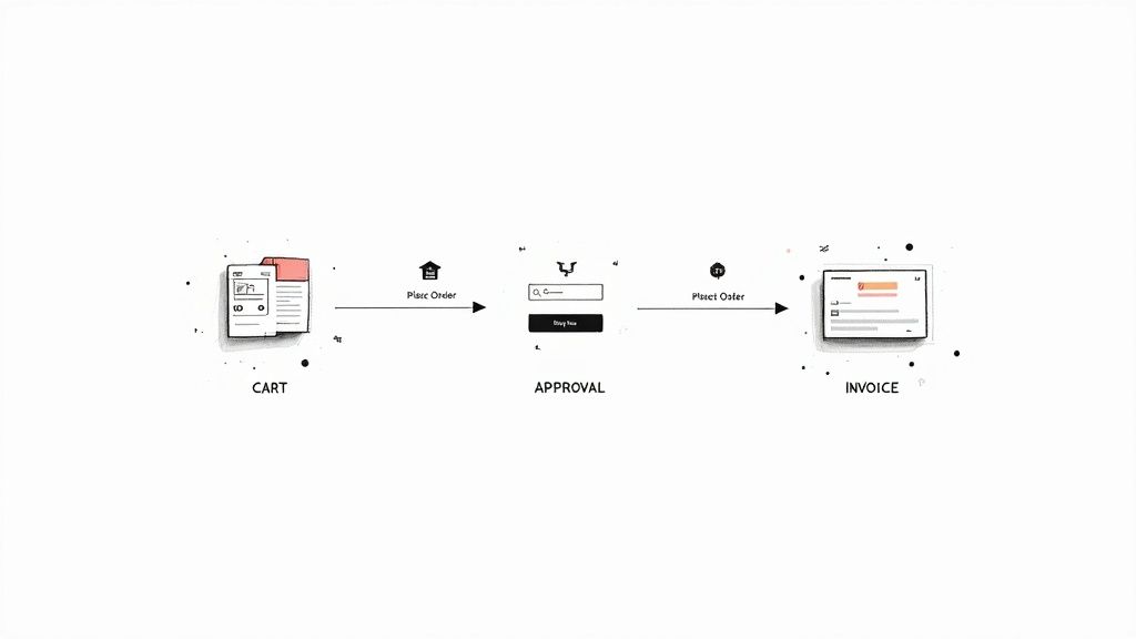 A B2B e-commerce workflow diagram illustrating cart, approval, and invoice stages.