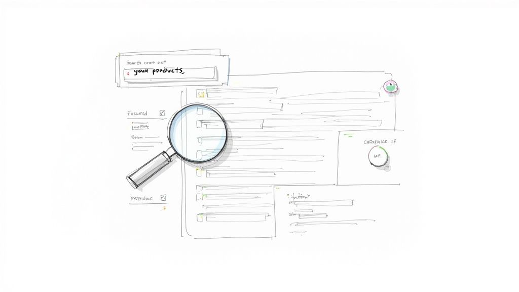 Sketch of a B2B e-commerce product search page with a magnifying glass.