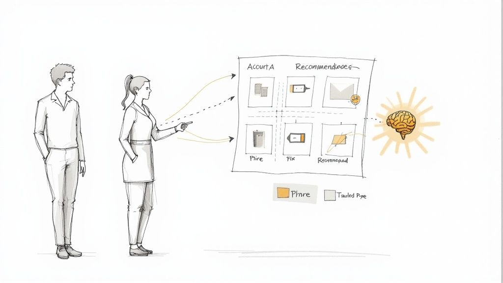 A woman points to a diagram explaining an AI-powered recommendation system to a man.