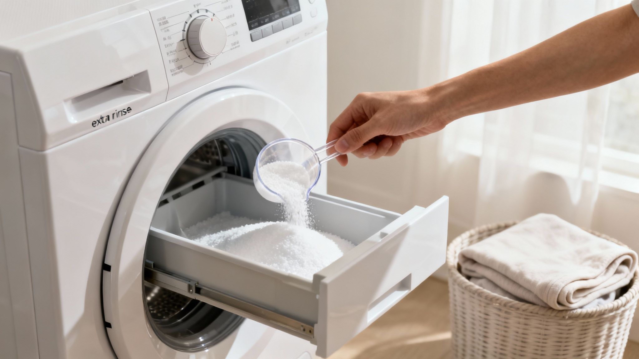 A person carefully measuring laundry detergent before adding it to a washing machine.