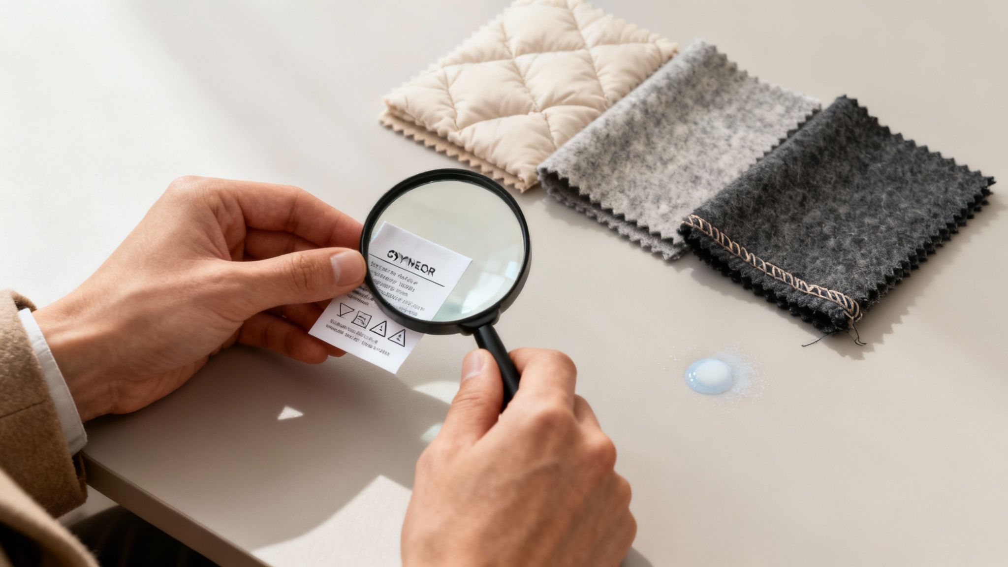 A person examining the care label on a white coat.