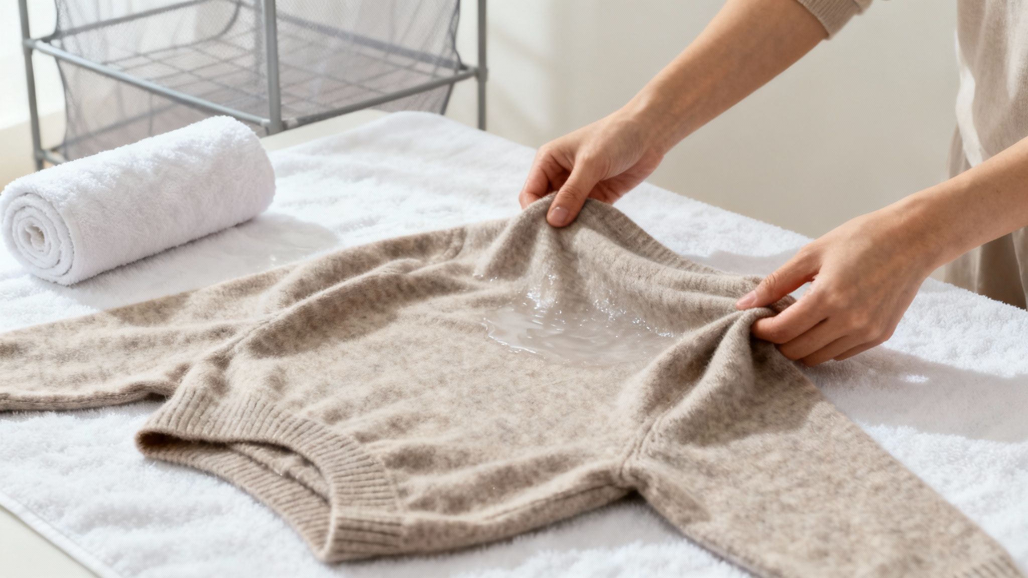 Hands placing wet beige cashmere sweater flat on white towel to dry naturally