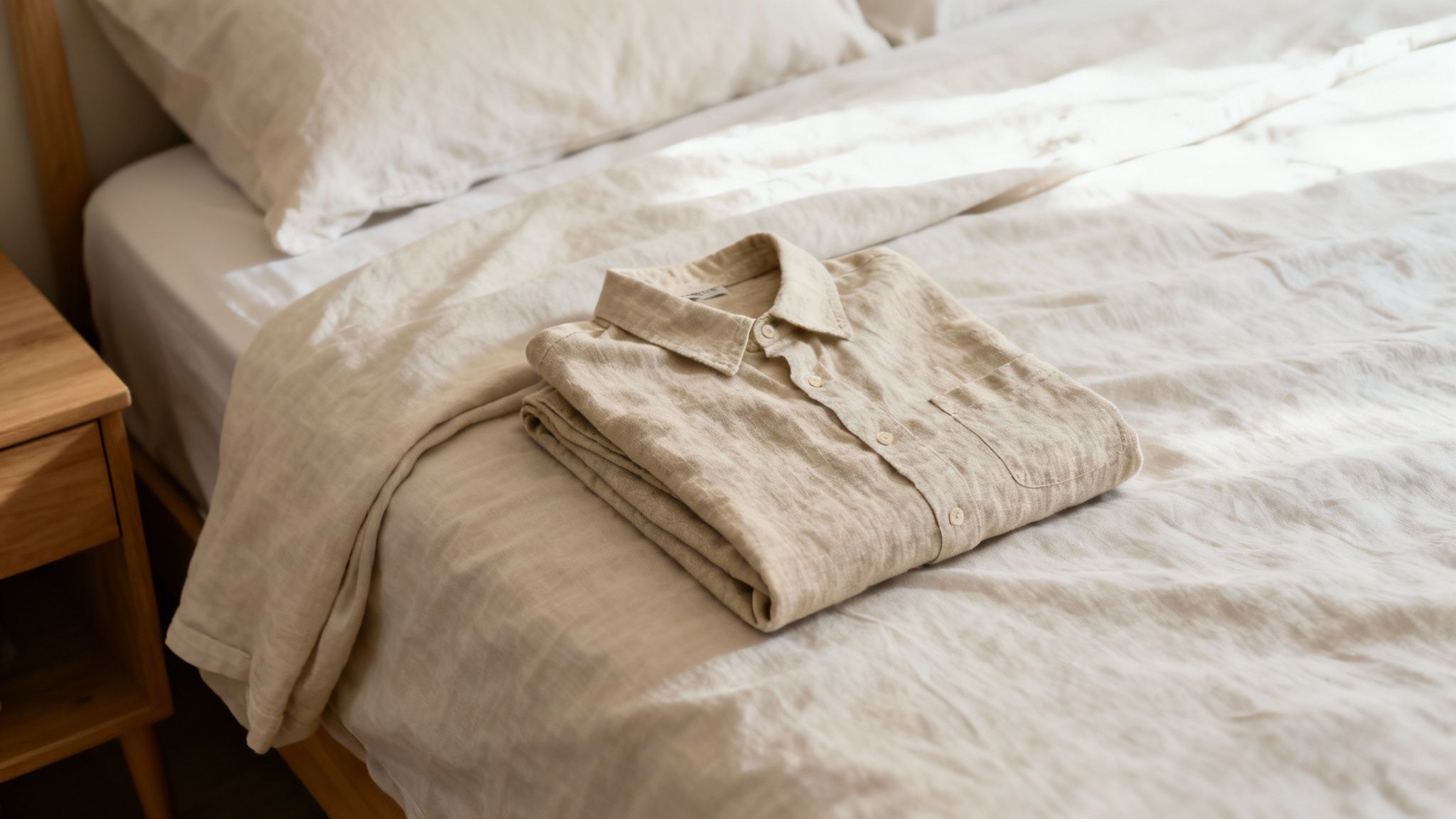 A neatly folded natural linen shirt with buttons rests on a bed with light beige linen bedding.