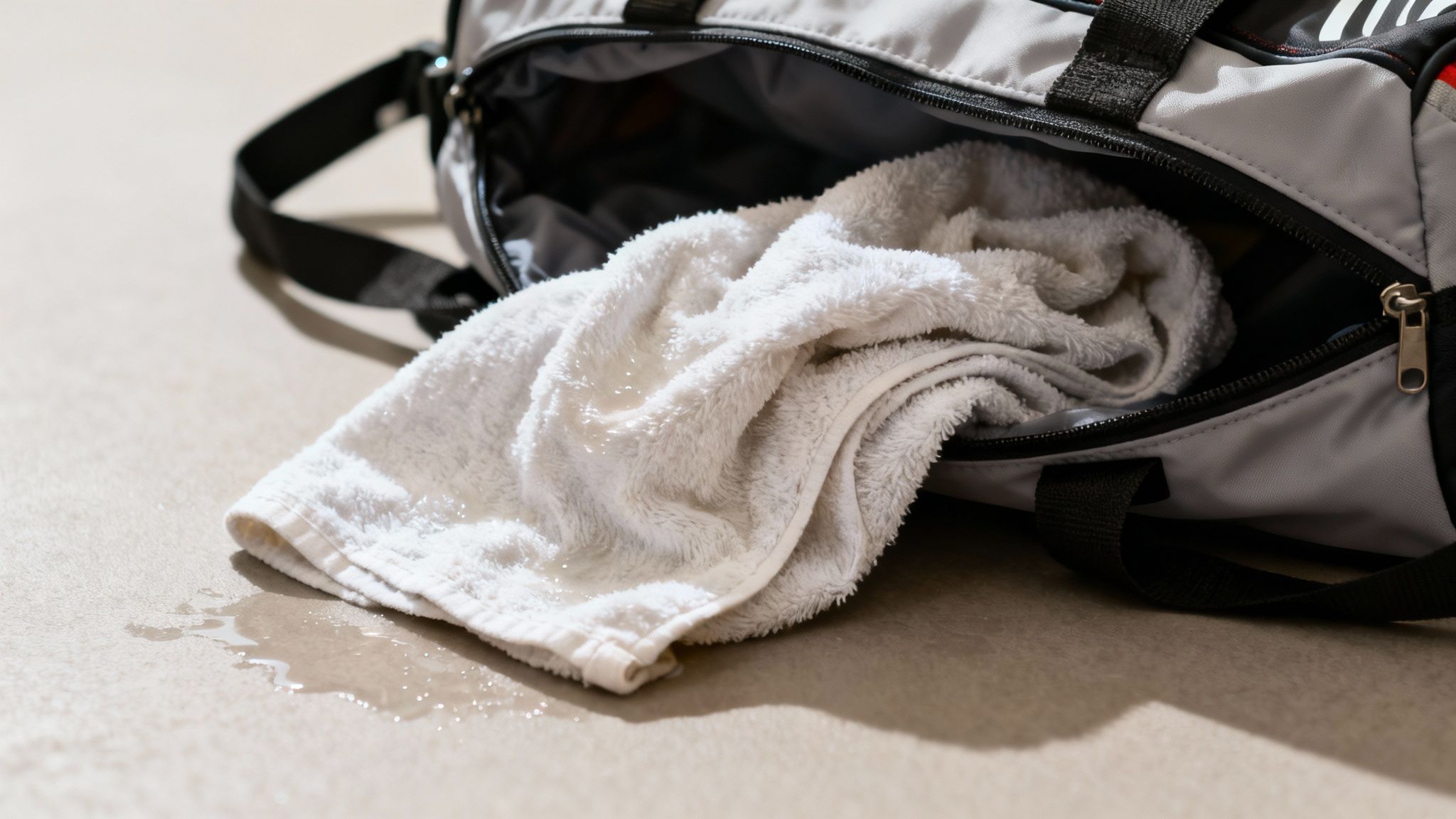 A wet white towel is partially out of a grey gym bag, leaving a puddle on the floor.