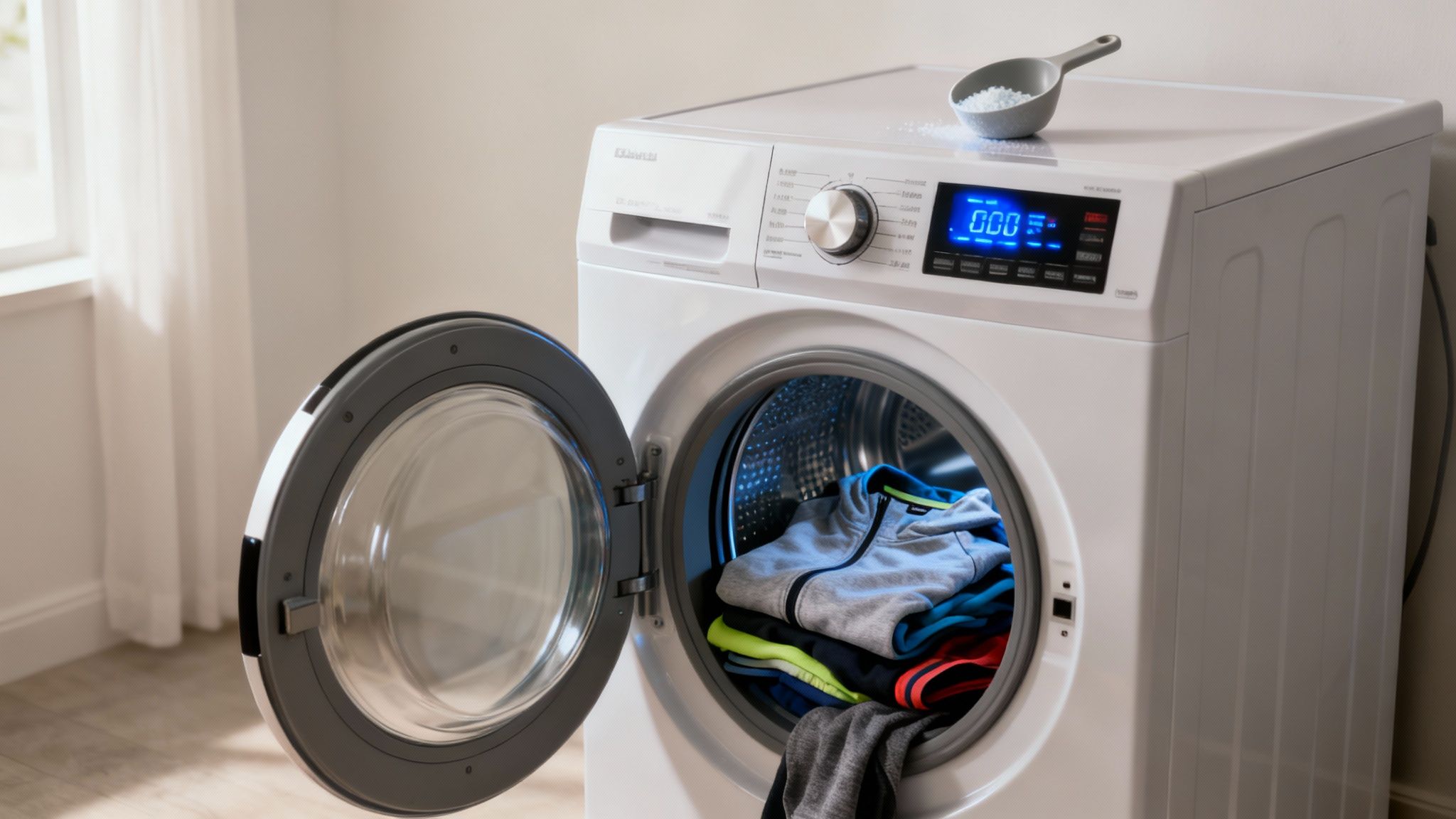 Washing machine drum filled with colorful activewear