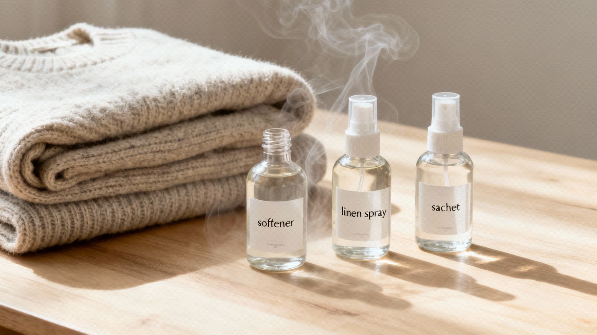 A stylish display of different laundry fragrance products like softeners, sprays, and sachets arranged artfully.