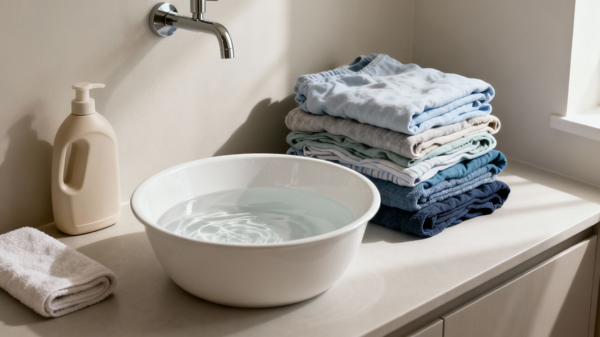A neatly organized handwashing station with a clean basin, folded clothes, and a bottle of detergent nearby.
