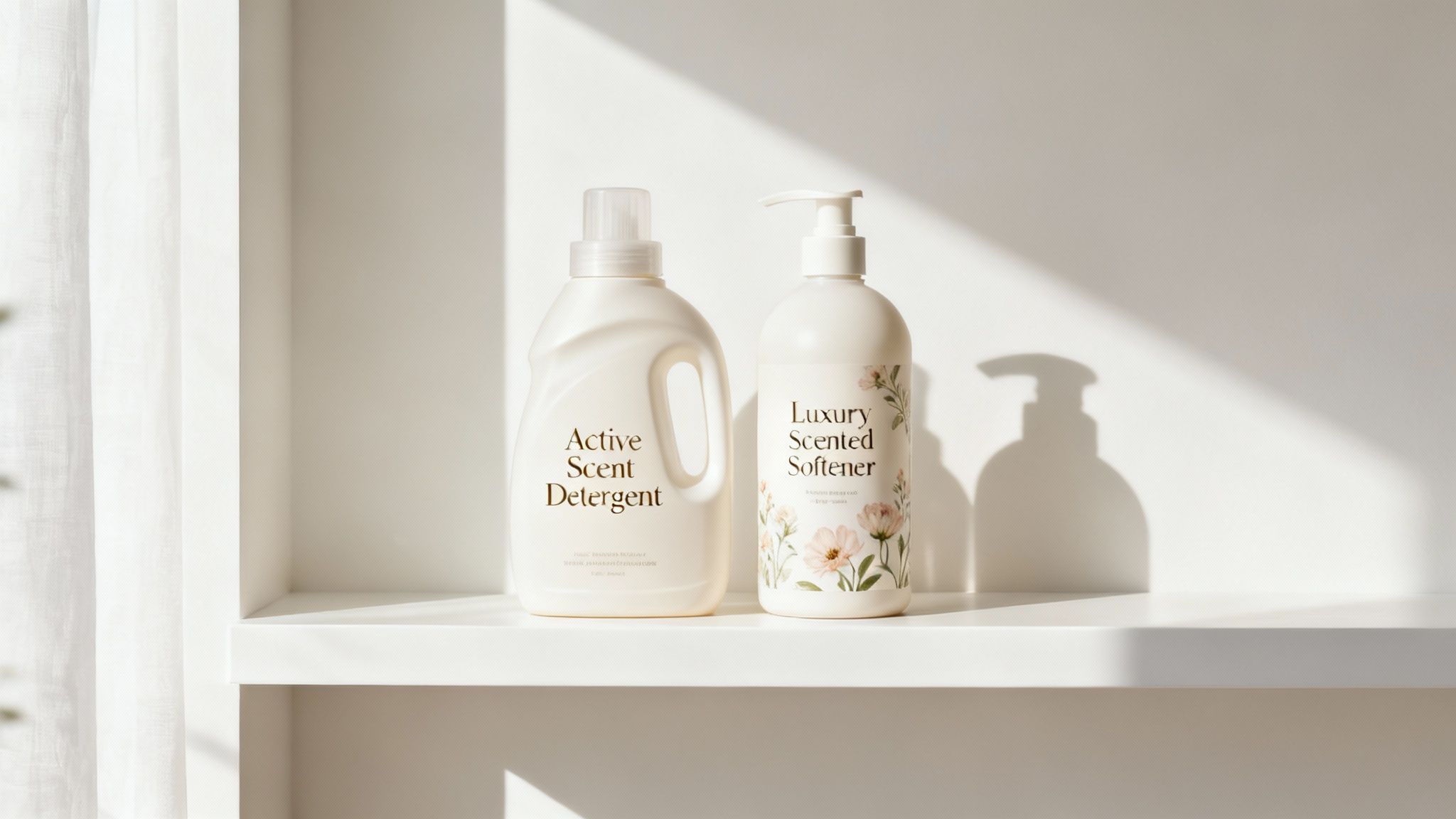 A beautifully designed bottle of Active Scent laundry product next to a neatly folded white towel and a single white flower, all on a clean, minimalist surface.