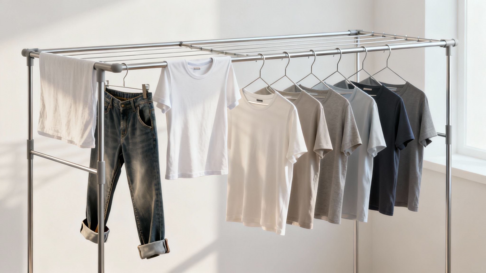 Woman hanging laundry on a clothesline in a well-ventilated room.