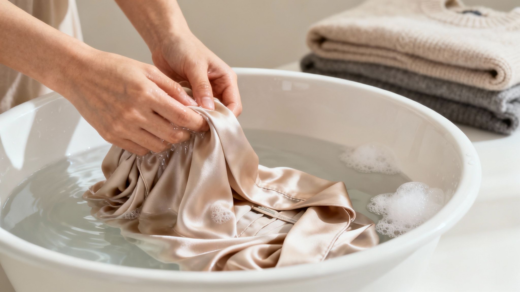 A person hand washing clothes in a modern, clean sink, showcasing gentle care.