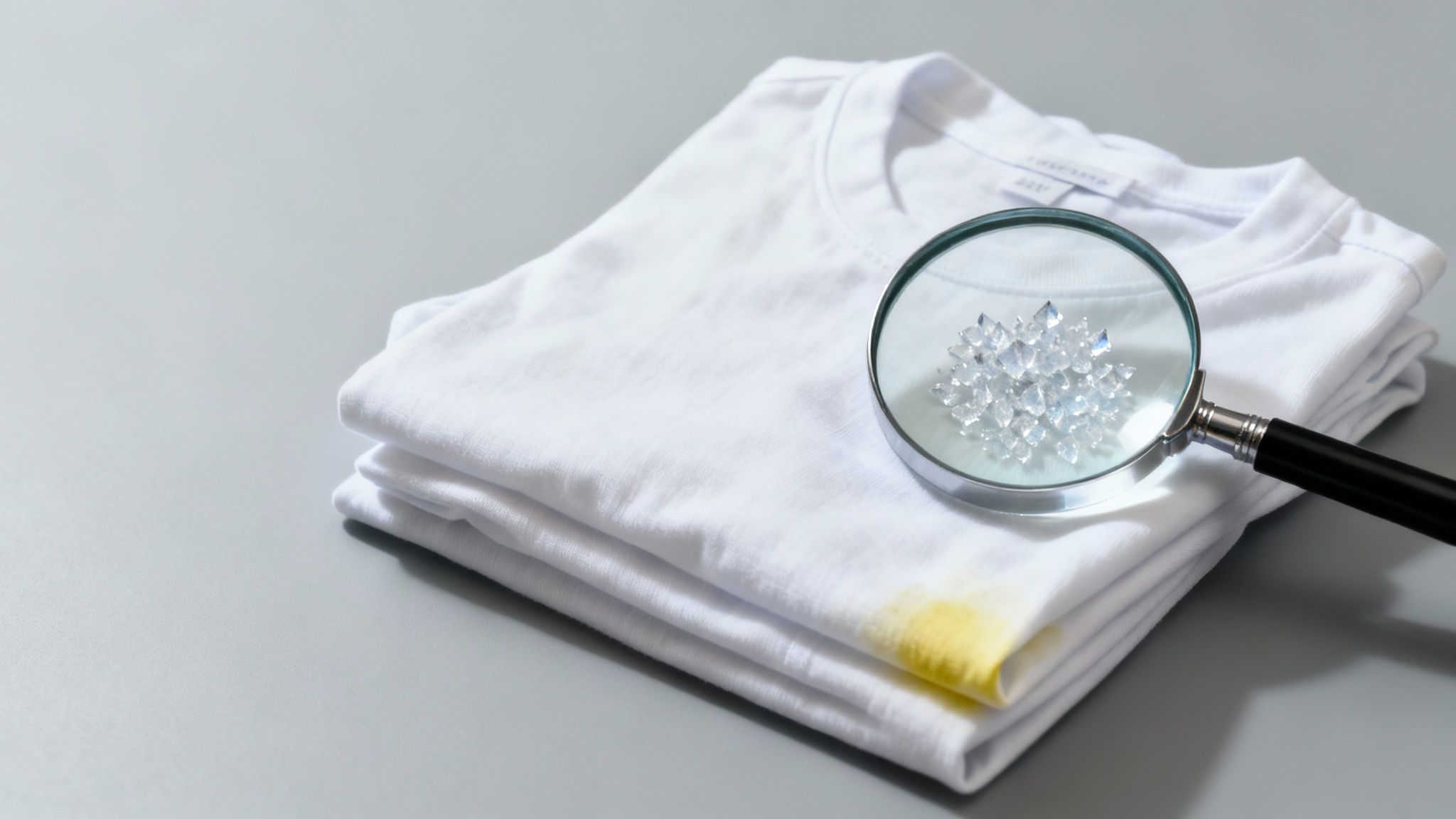 A person smelling a freshly laundered t-shirt with a frustrated expression.