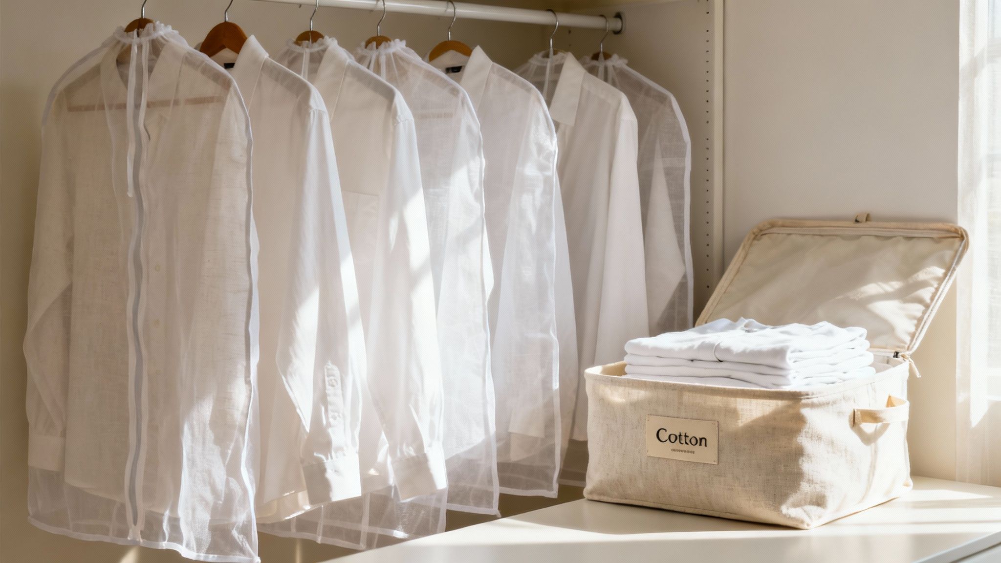 A person hanging clean laundry on a clothesline in a sunny garden.